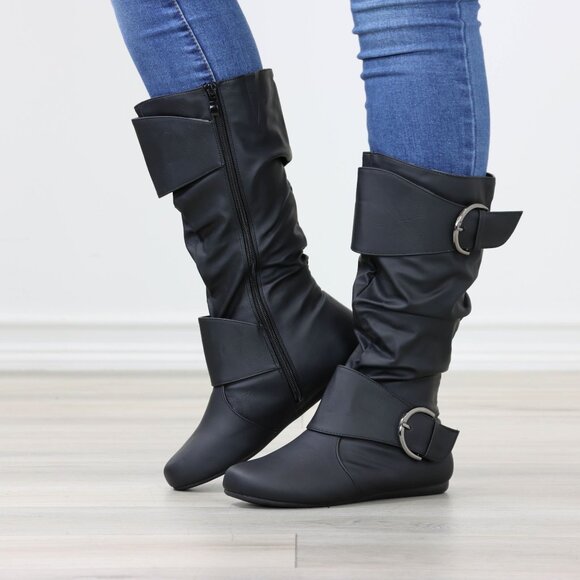 Black Mid-Calf Boots Slouch Shaft Faux Leather Side Zip Flat Sole - Picture 2 of 14